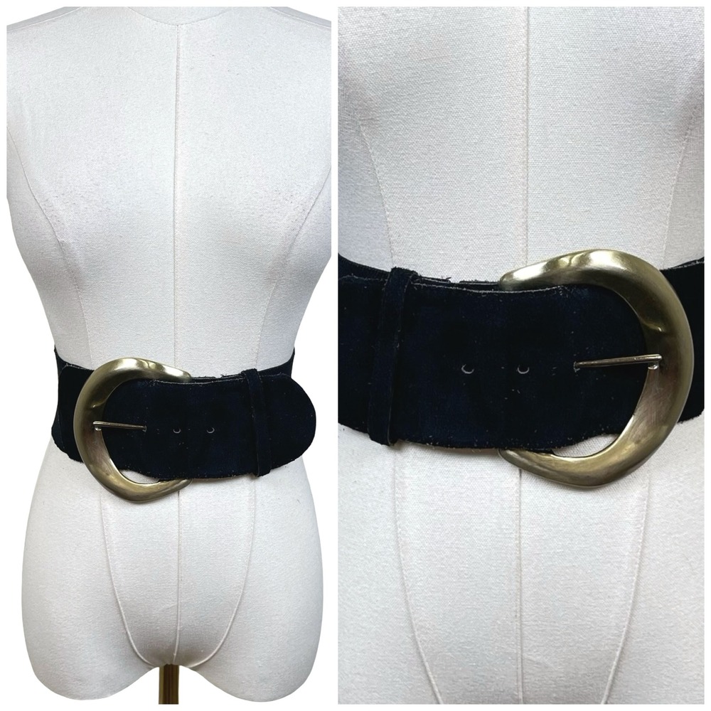 Vintage Express Wide Elastic Suede Belt Womens M Black Gold Buckle Western 90s